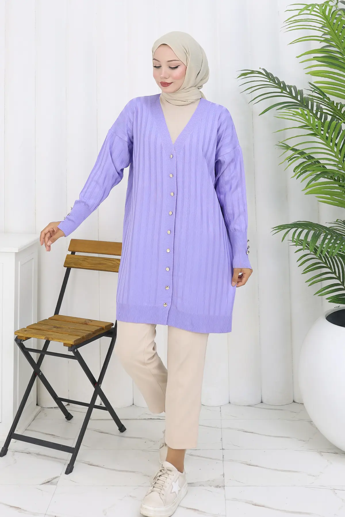 Kendinden Çizgili Uzun Merserize Hırka