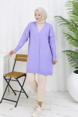 Kendinden Çizgili Uzun Merserize Hırka