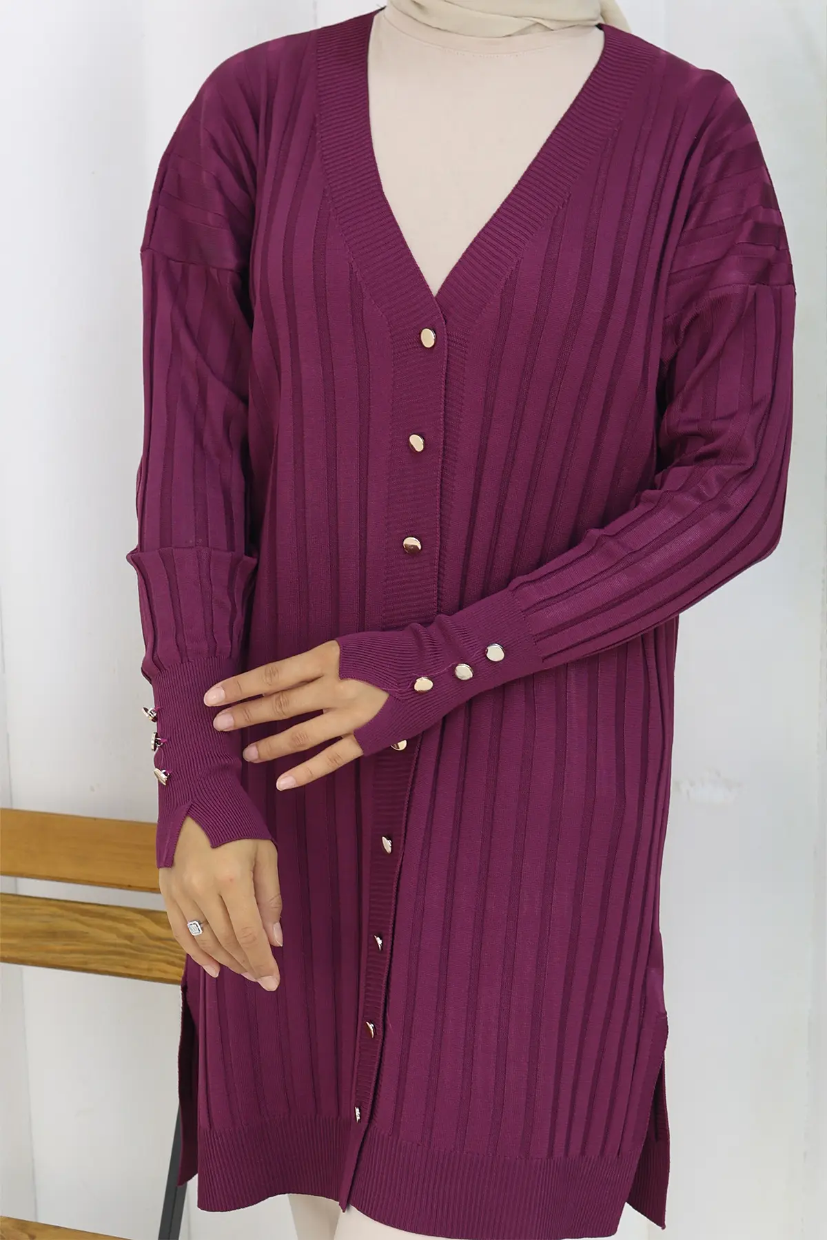 Kendinden Çizgili Uzun Merserize Hırka-detail