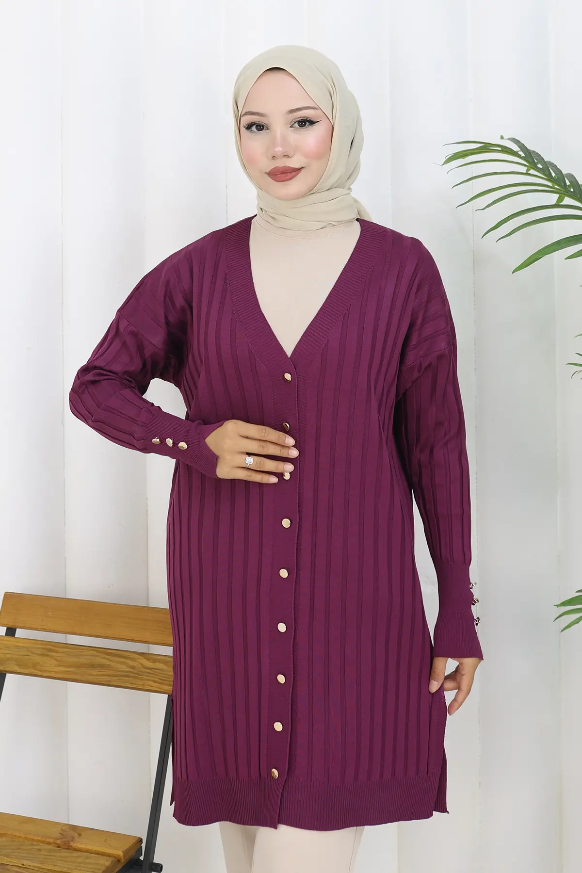 Kendinden Çizgili Uzun Merserize Hırka-detail