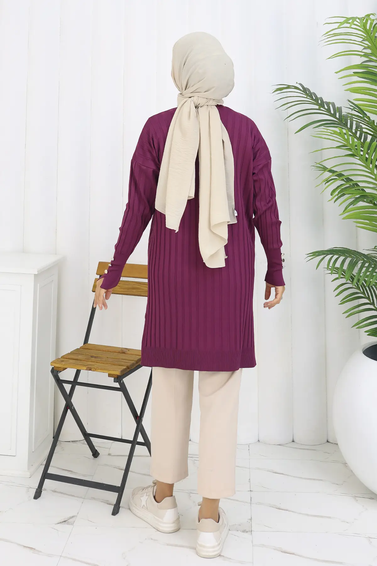 Kendinden Çizgili Uzun Merserize Hırka-detail