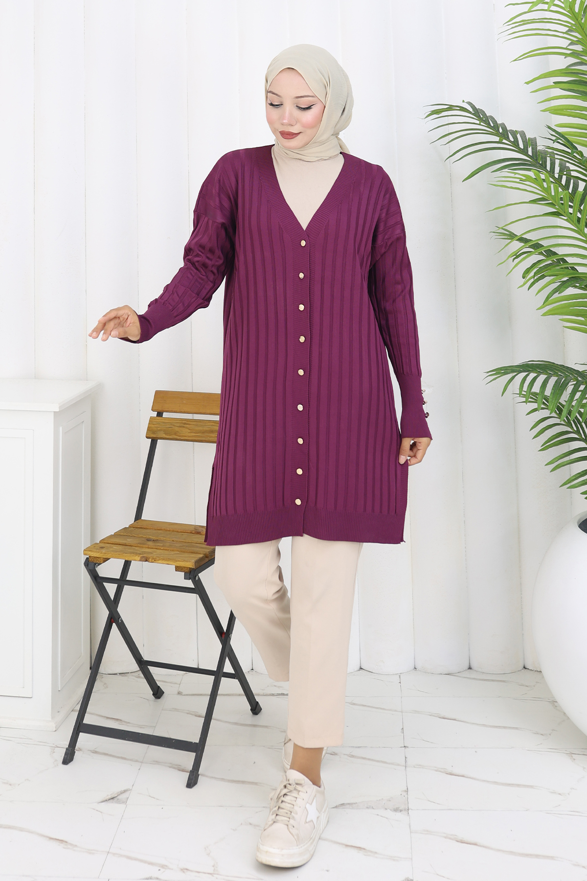 Kendinden Çizgili Uzun Merserize Hırka