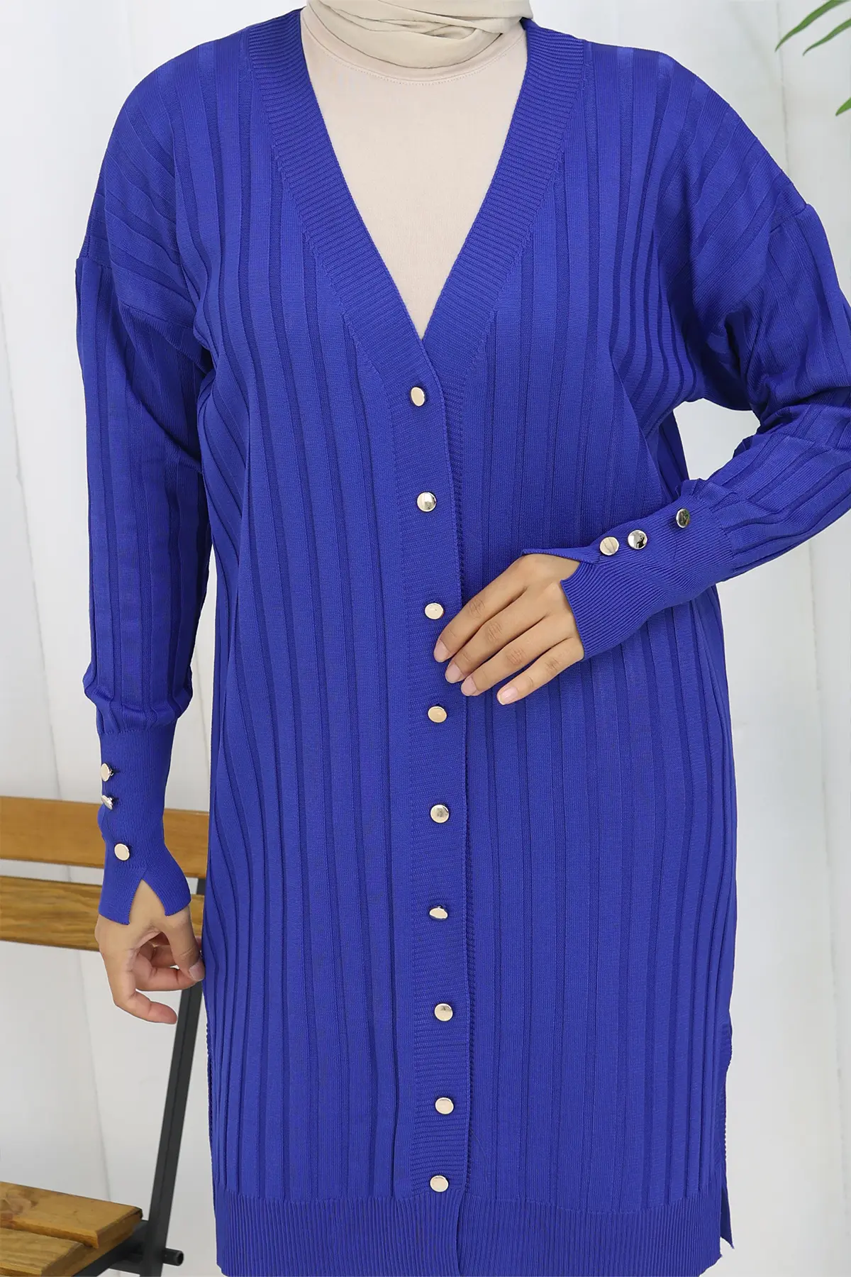 Kendinden Çizgili Uzun Merserize Hırka-detail