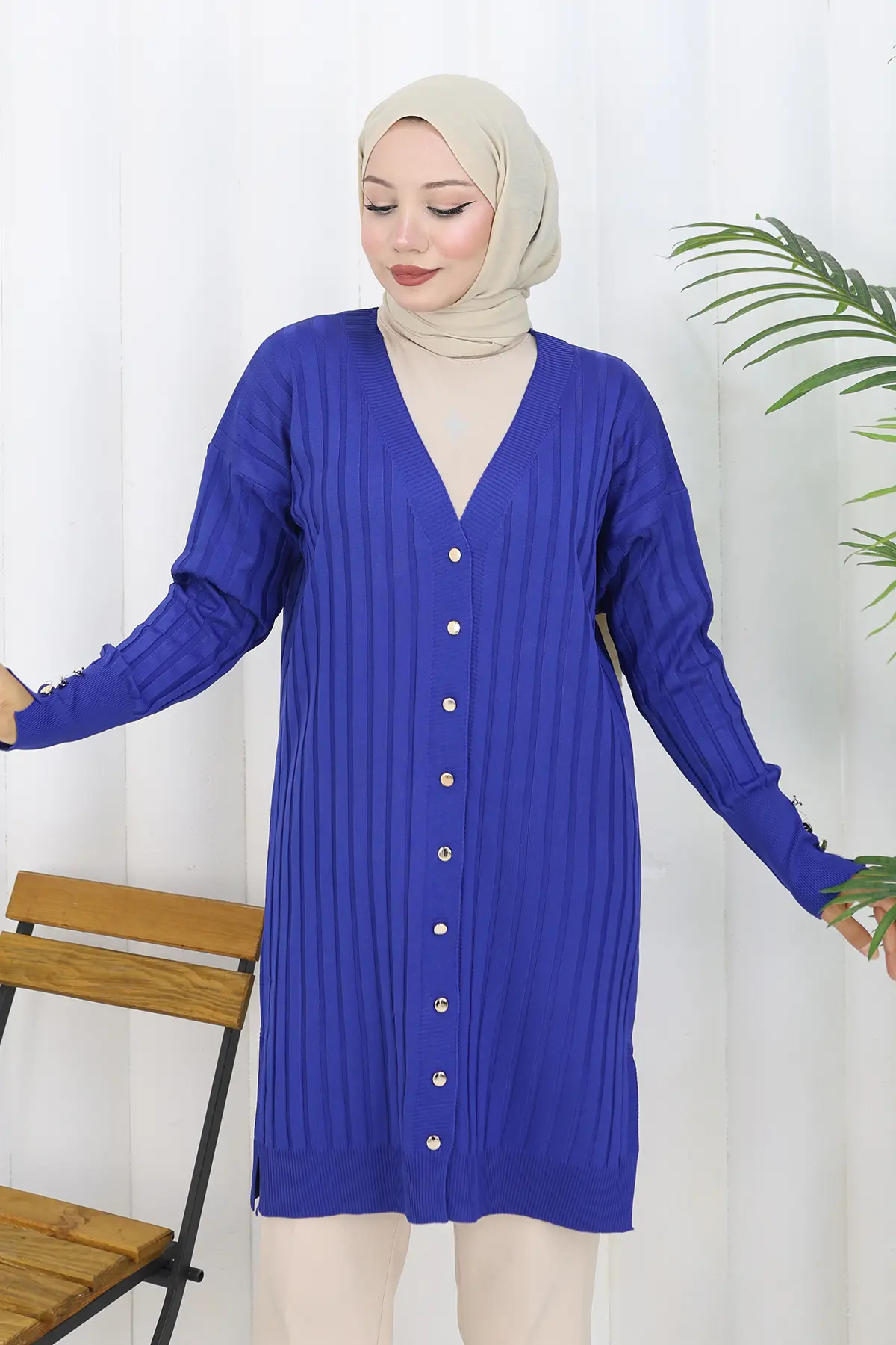 Kendinden Çizgili Uzun Merserize Hırka-detail