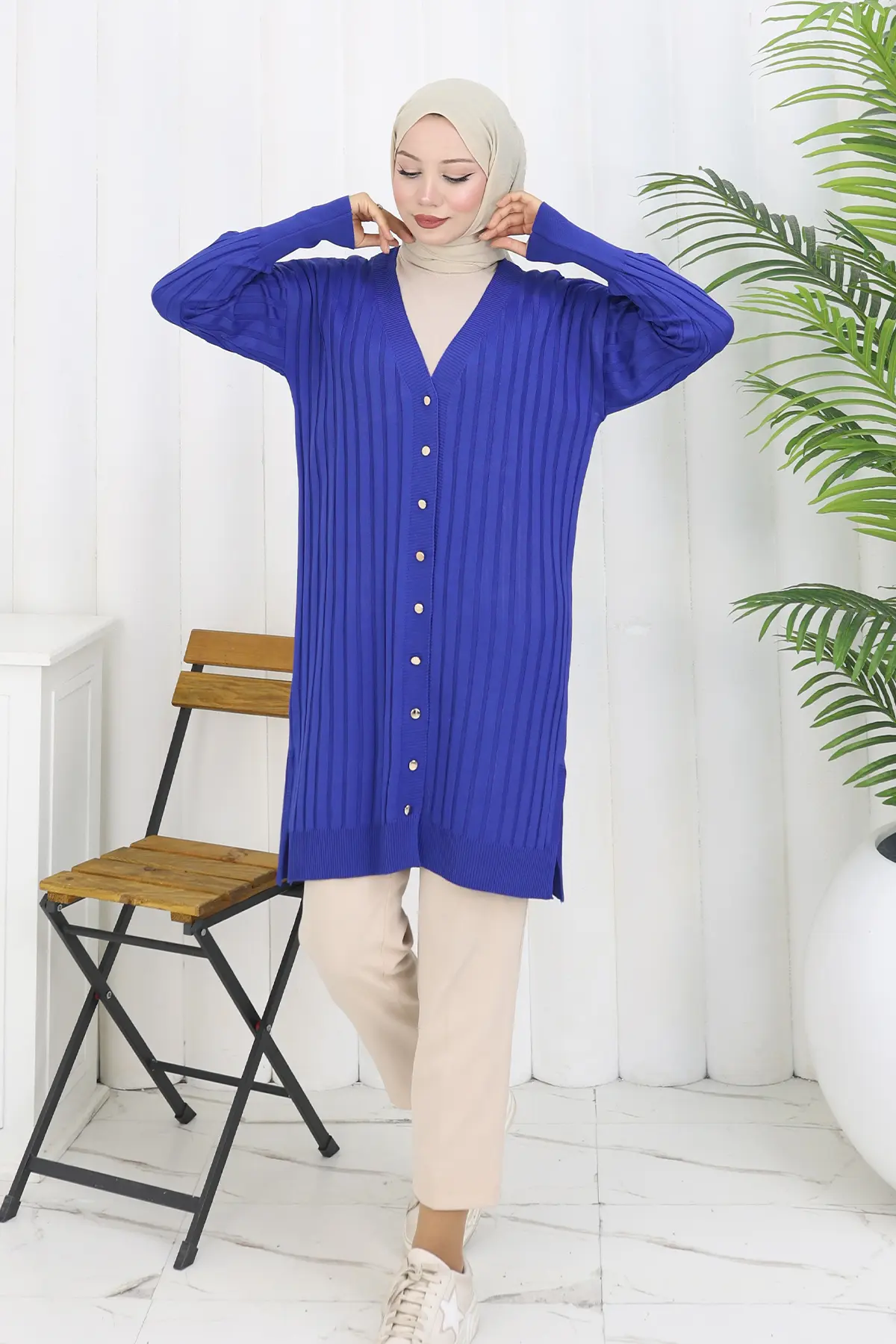 Kendinden Çizgili Uzun Merserize Hırka