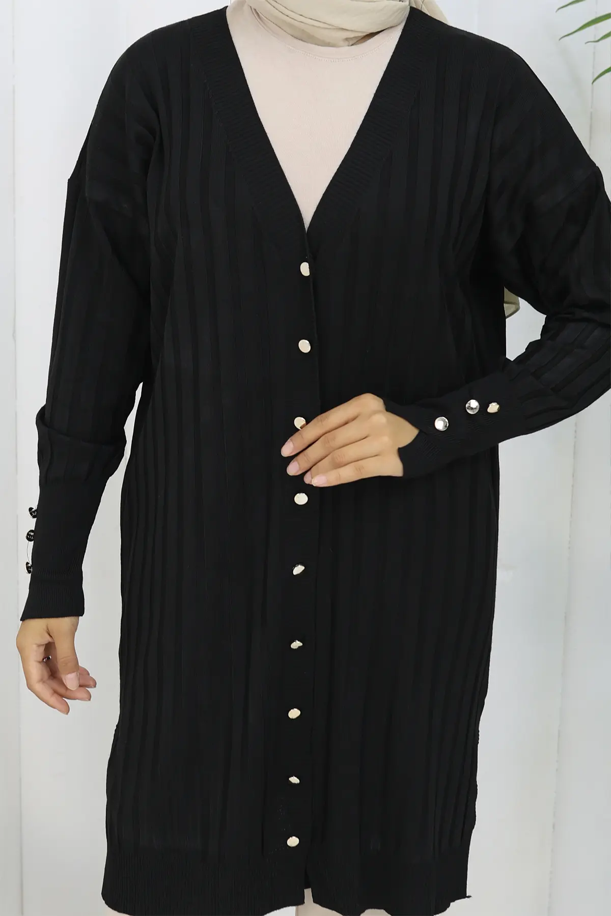 Kendinden Çizgili Uzun Merserize Hırka-detail