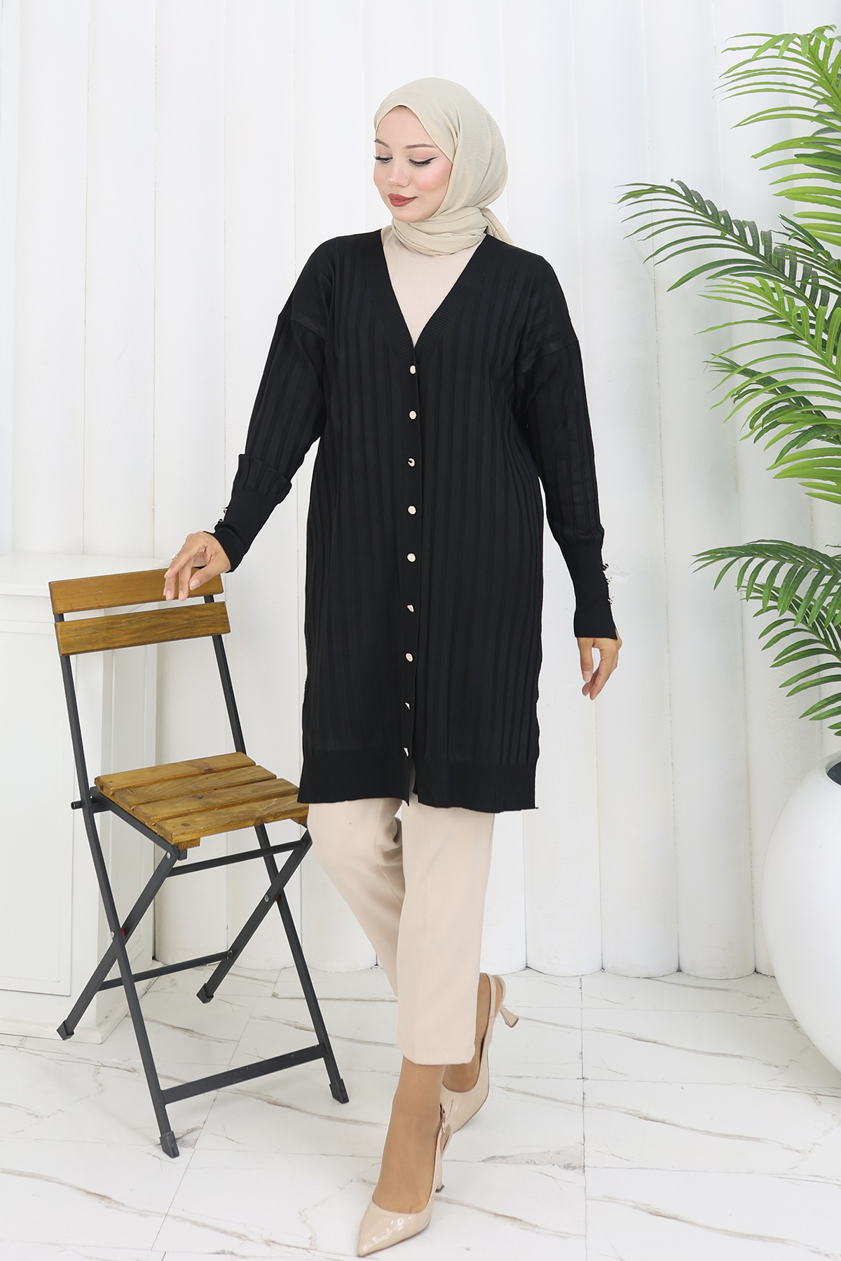 Kendinden Çizgili Uzun Merserize Hırka