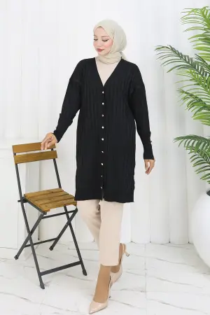 Kendinden Çizgili Uzun Merserize Hırka