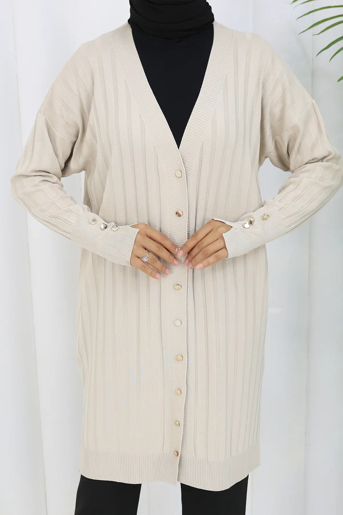 Kendinden Çizgili Uzun Merserize Hırka-detail