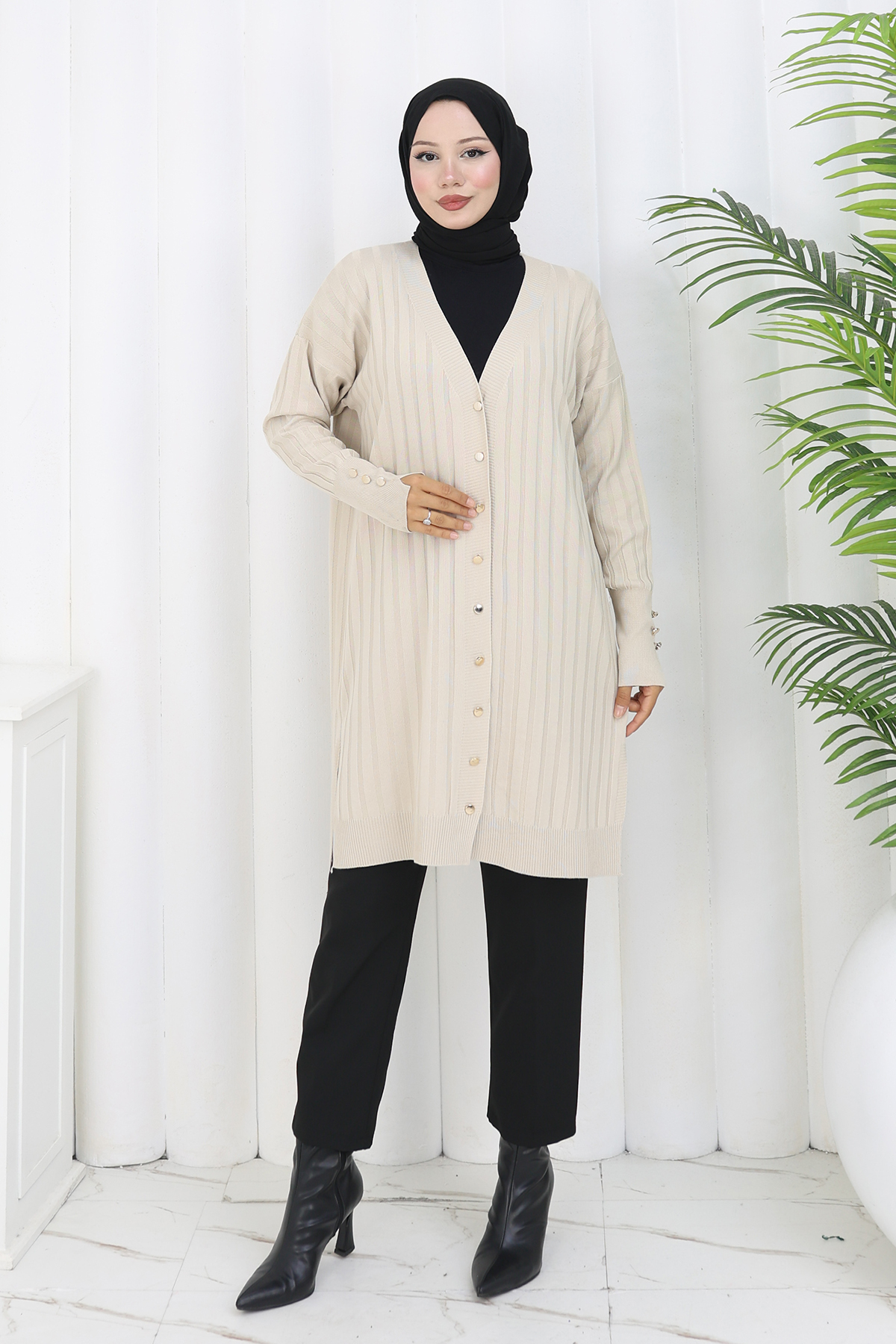 Kendinden Çizgili Uzun Merserize Hırka