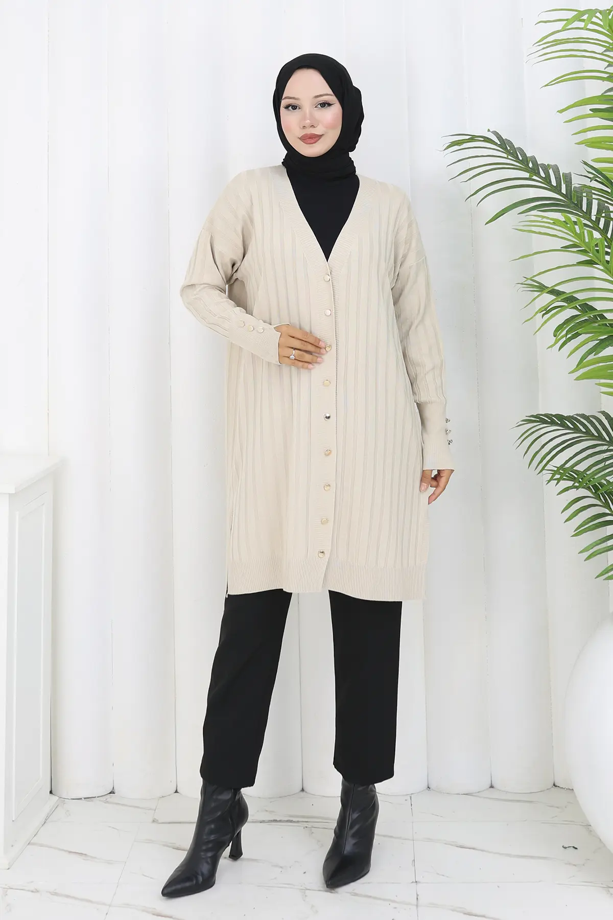 Kendinden Çizgili Uzun Merserize Hırka