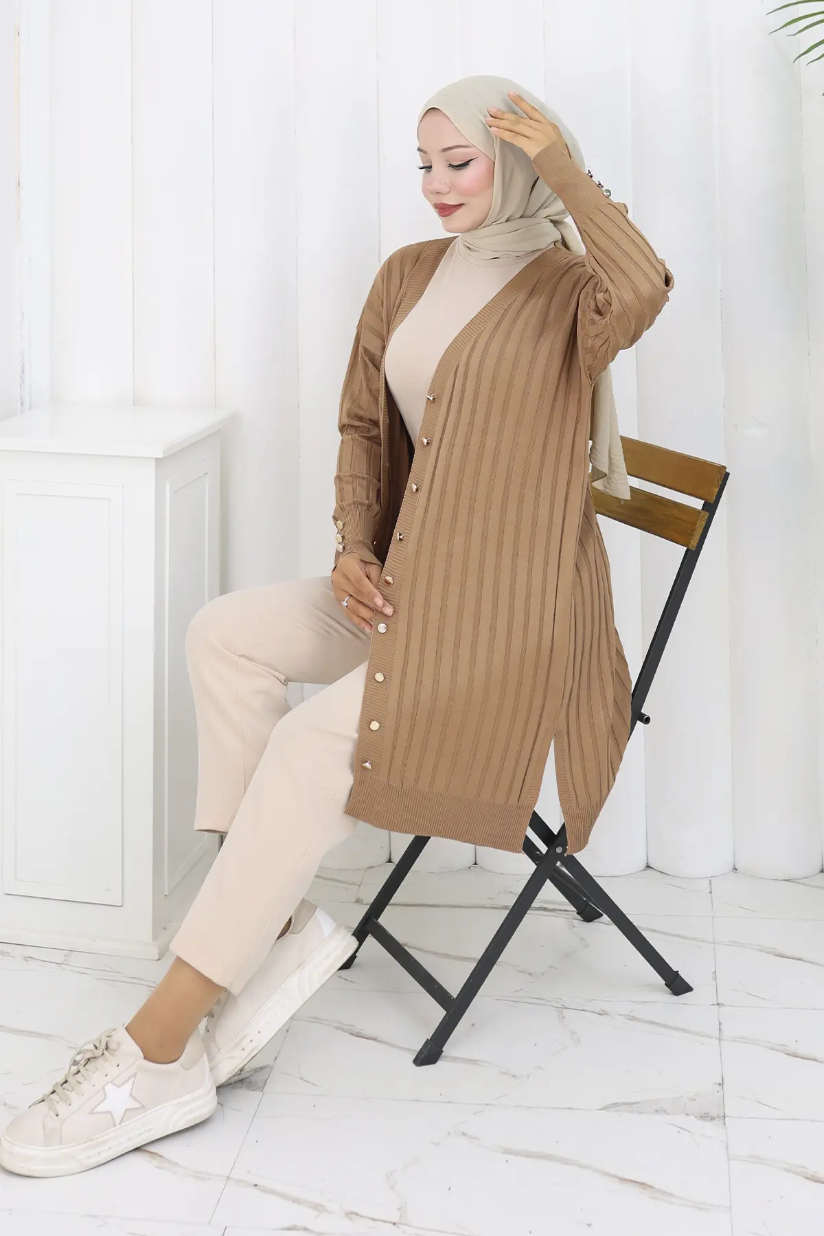 Kendinden Çizgili Uzun Merserize Hırka-detail