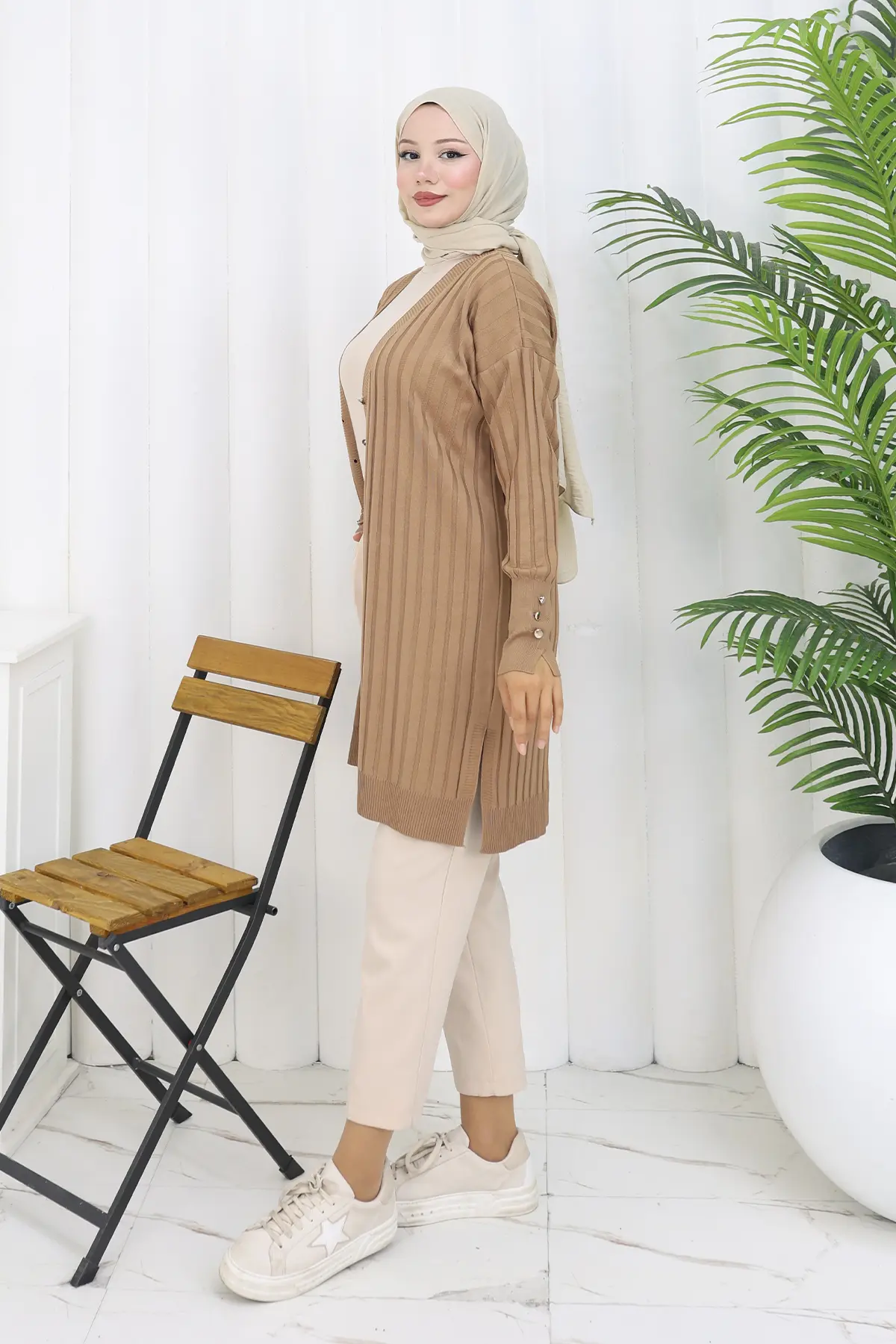 Kendinden Çizgili Uzun Merserize Hırka-detail