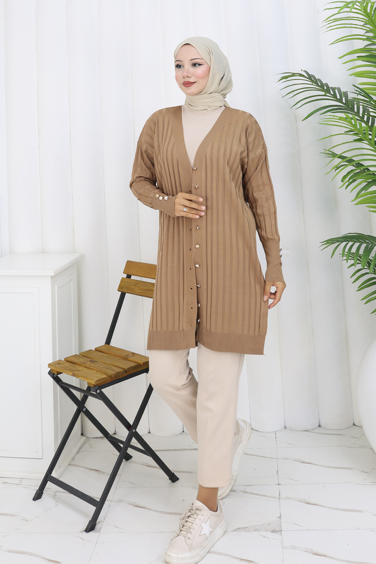 Self-striped Long Mercerized Cardiganc