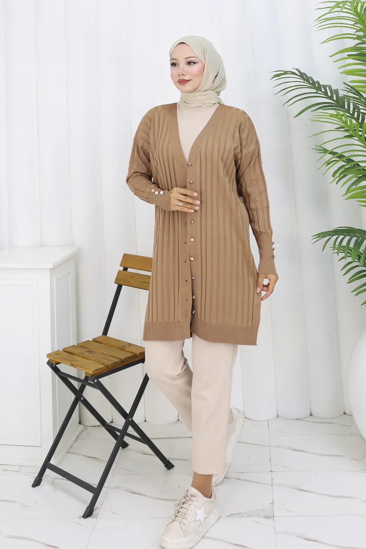 Self-striped Long Mercerized Cardiganc