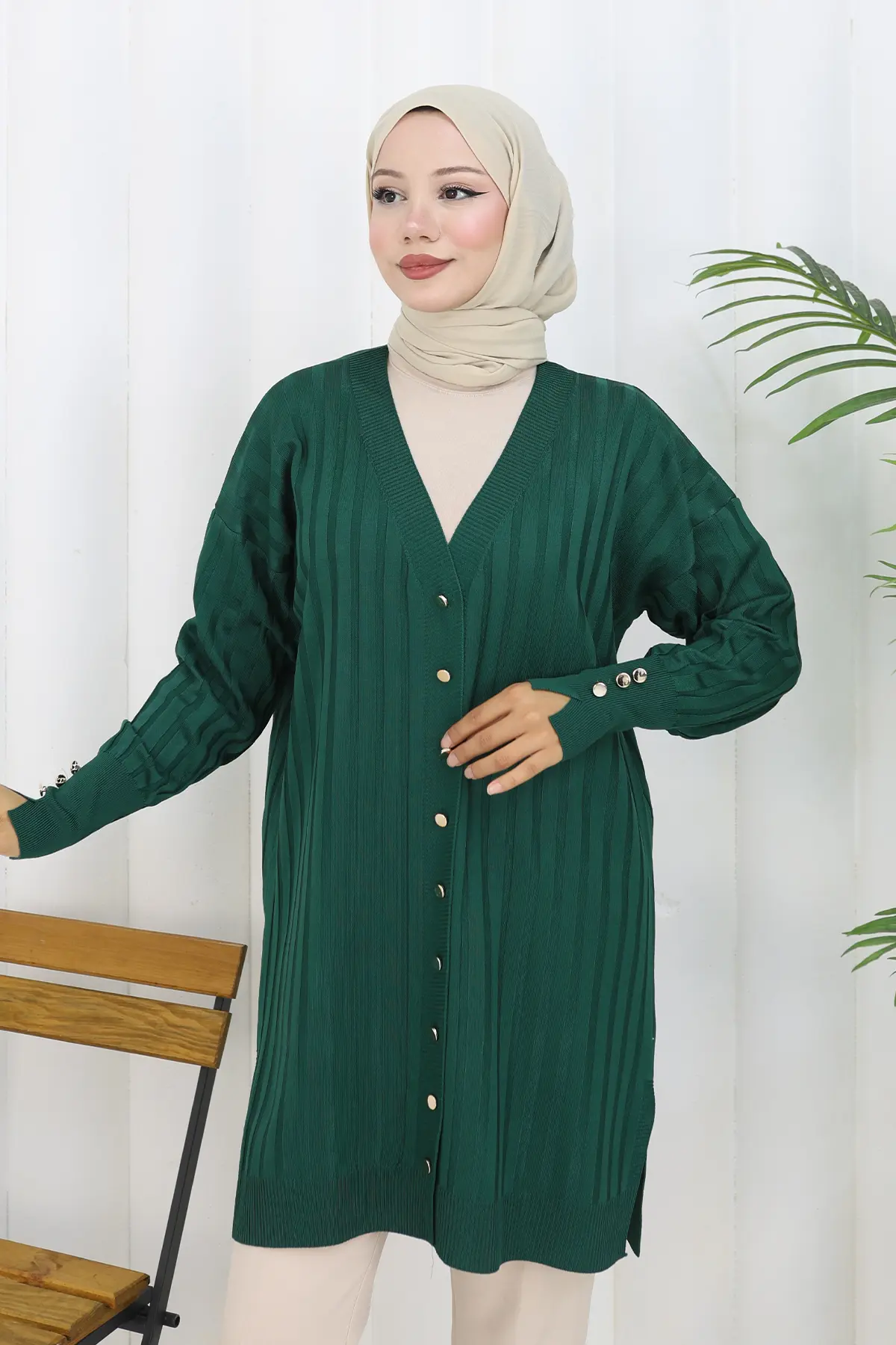 Kendinden Çizgili Uzun Merserize Hırka-detail