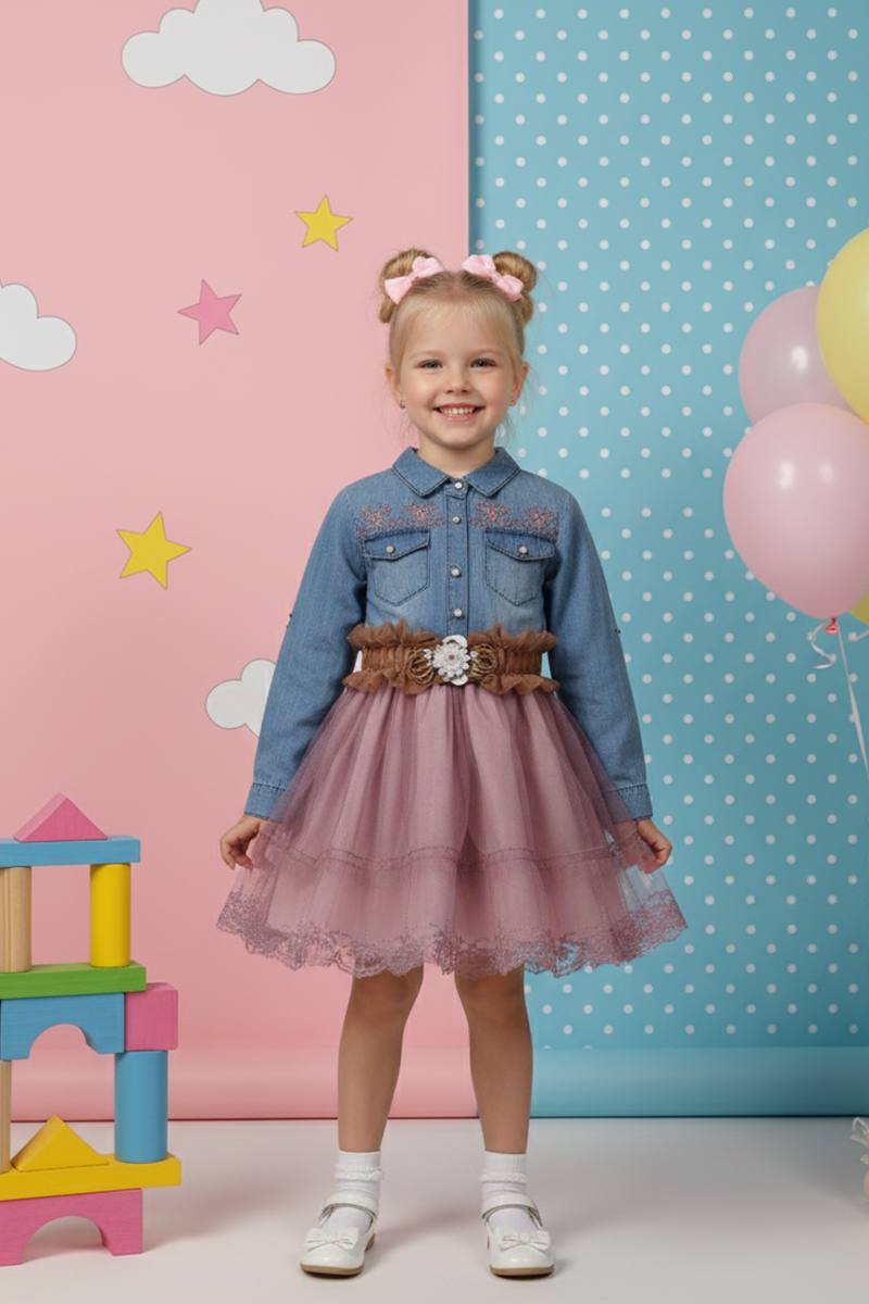 Kız Çocuk Kot Gömlek Üst Tüllü Etek Çiçek Detaylı Elbise