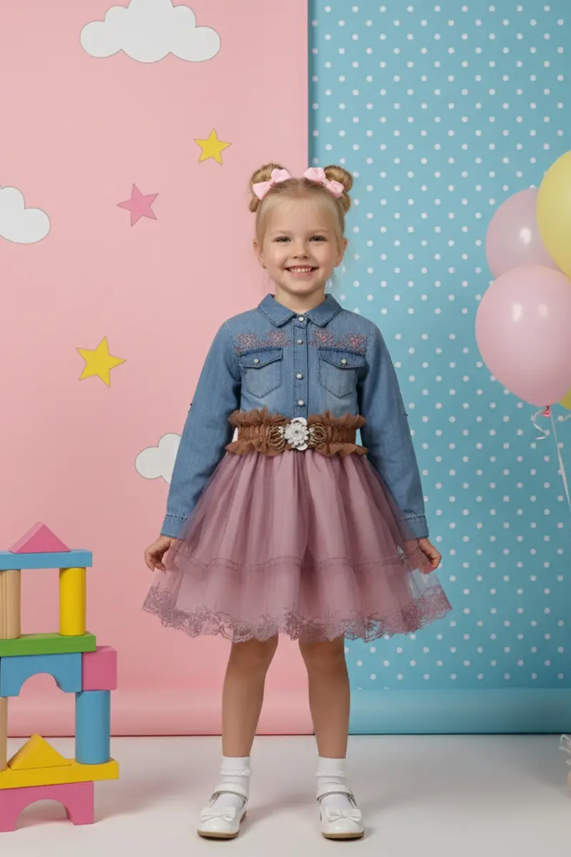 Kız Çocuk Kot Gömlek Üst Tüllü Etek Çiçek Detaylı Elbise