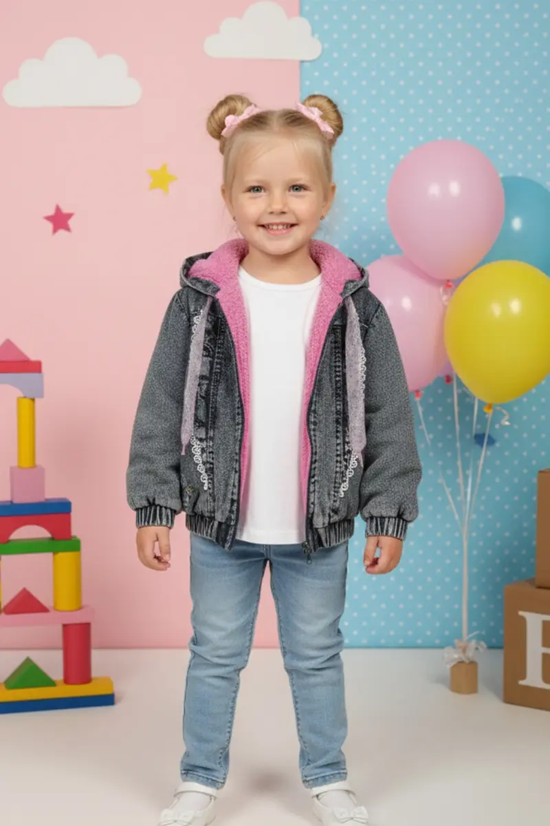 Kız Çocuk Peluş Astarlı Kapüşonlu Kot Ceket / Hırka