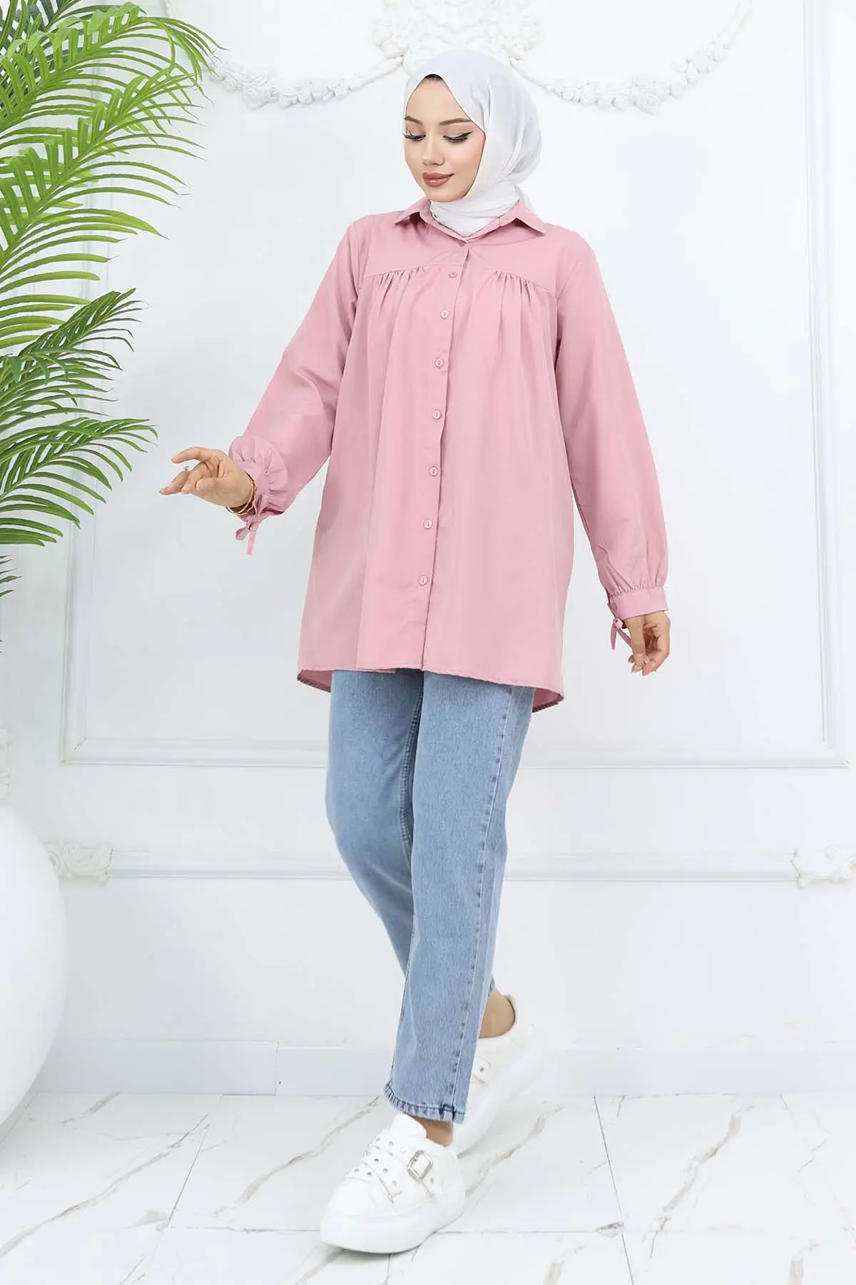 Kolları Bağcıklı Tesettür Gömlek Pudra 12030-detail