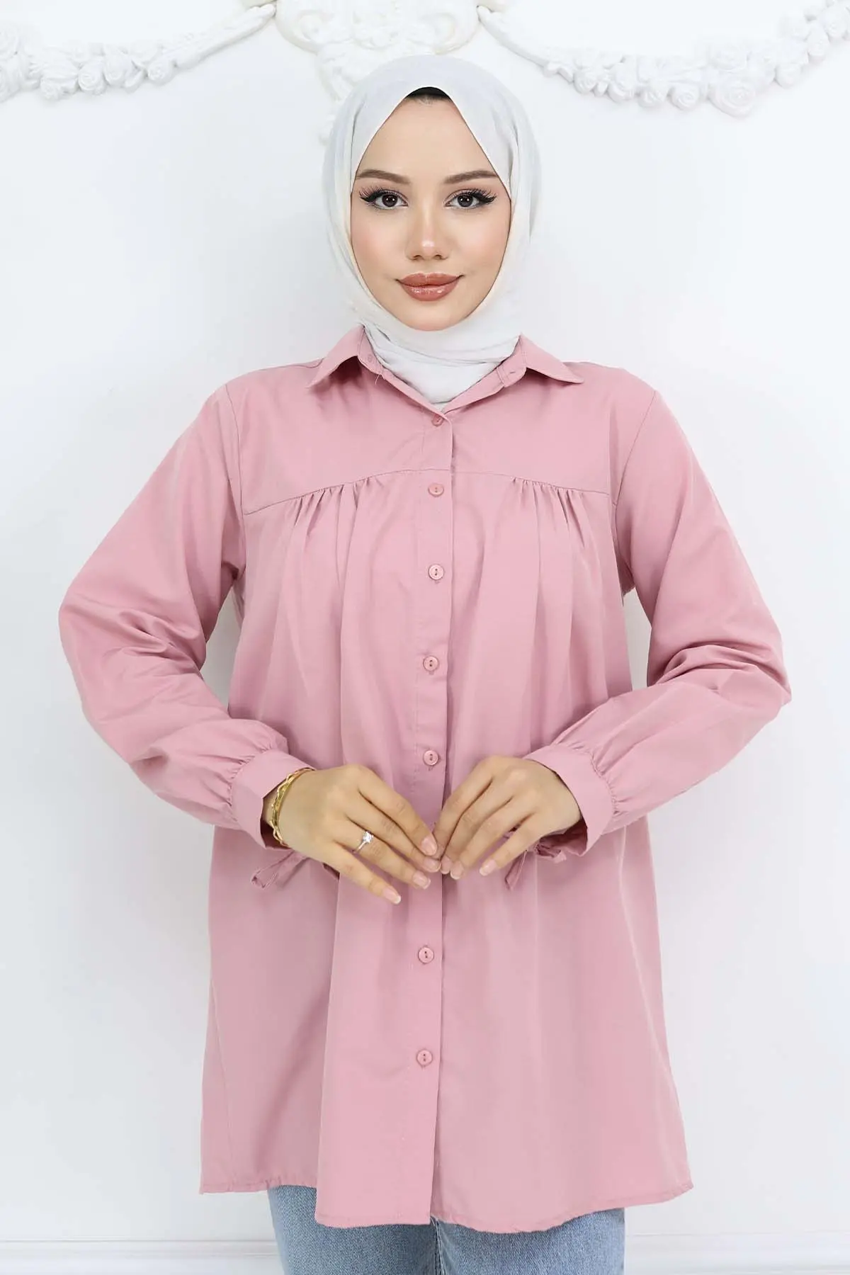 Kolları Bağcıklı Tesettür Gömlek Pudra 12030-detail