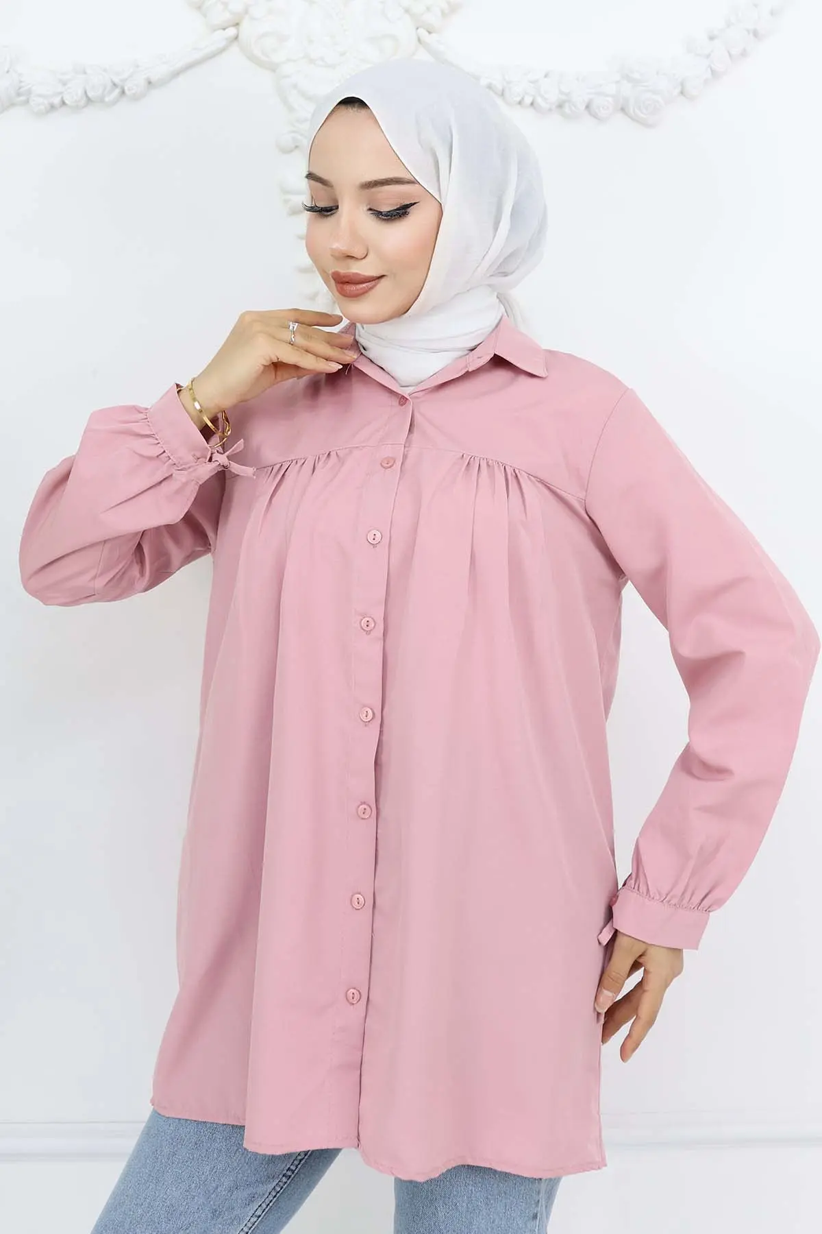 Kolları Bağcıklı Tesettür Gömlek Pudra 12030-detail