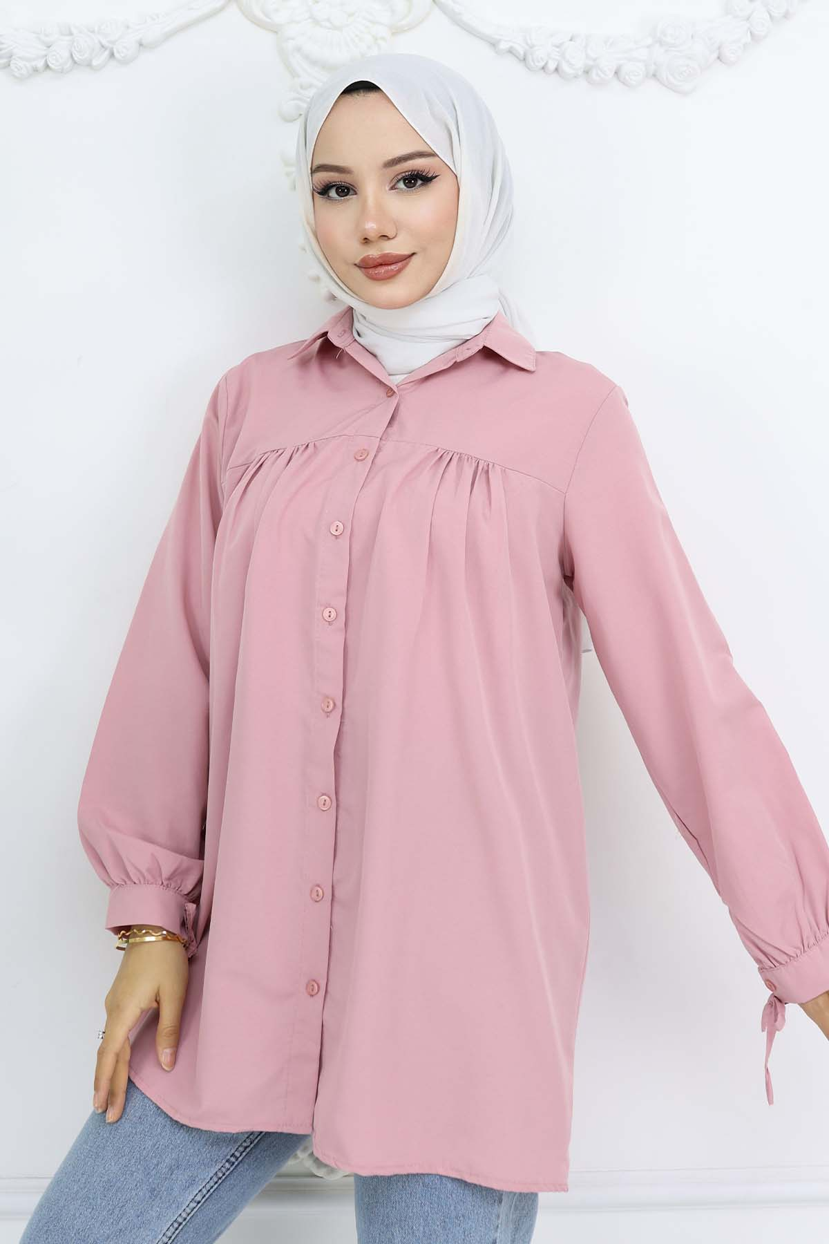 Kolları Bağcıklı Tesettür Gömlek Pudra 12030