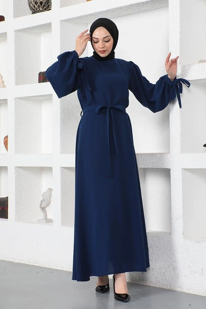 Kolları Bağlamalı Tesettür Elbise Lacivert-detail
