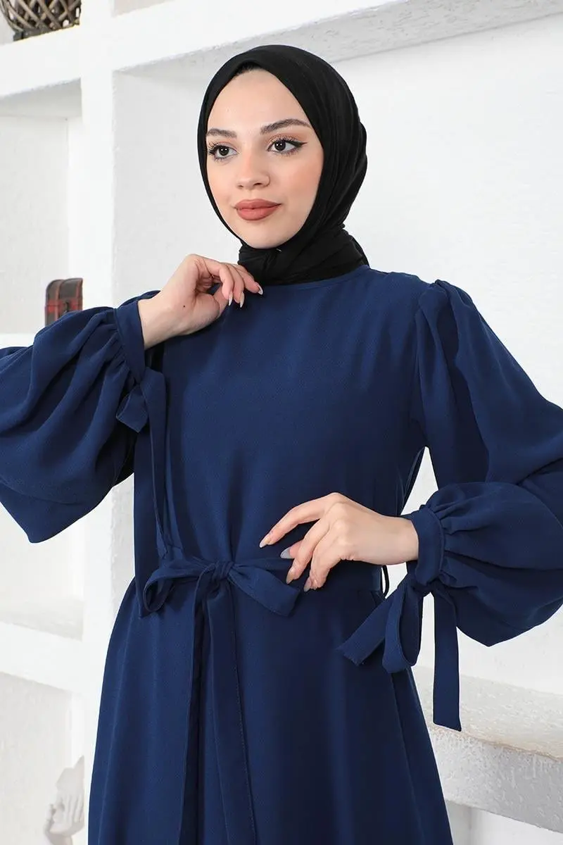 Kolları Bağlamalı Tesettür Elbise Lacivert-detail