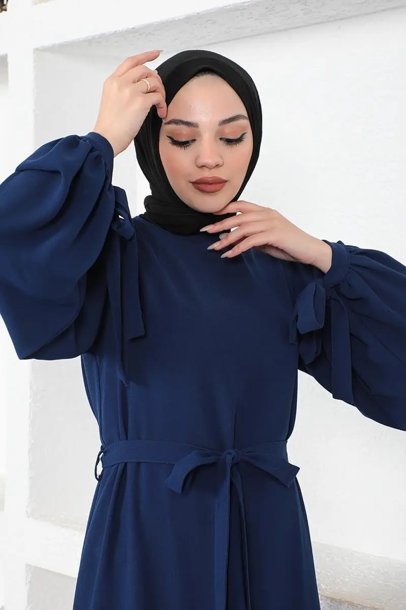 Kolları Bağlamalı Tesettür Elbise Lacivert-detail
