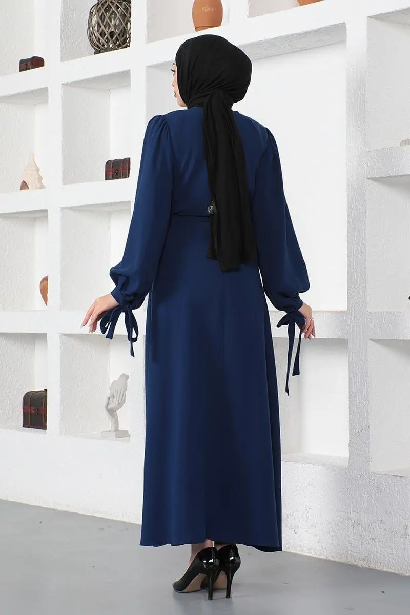 Kolları Bağlamalı Tesettür Elbise Lacivert-detail