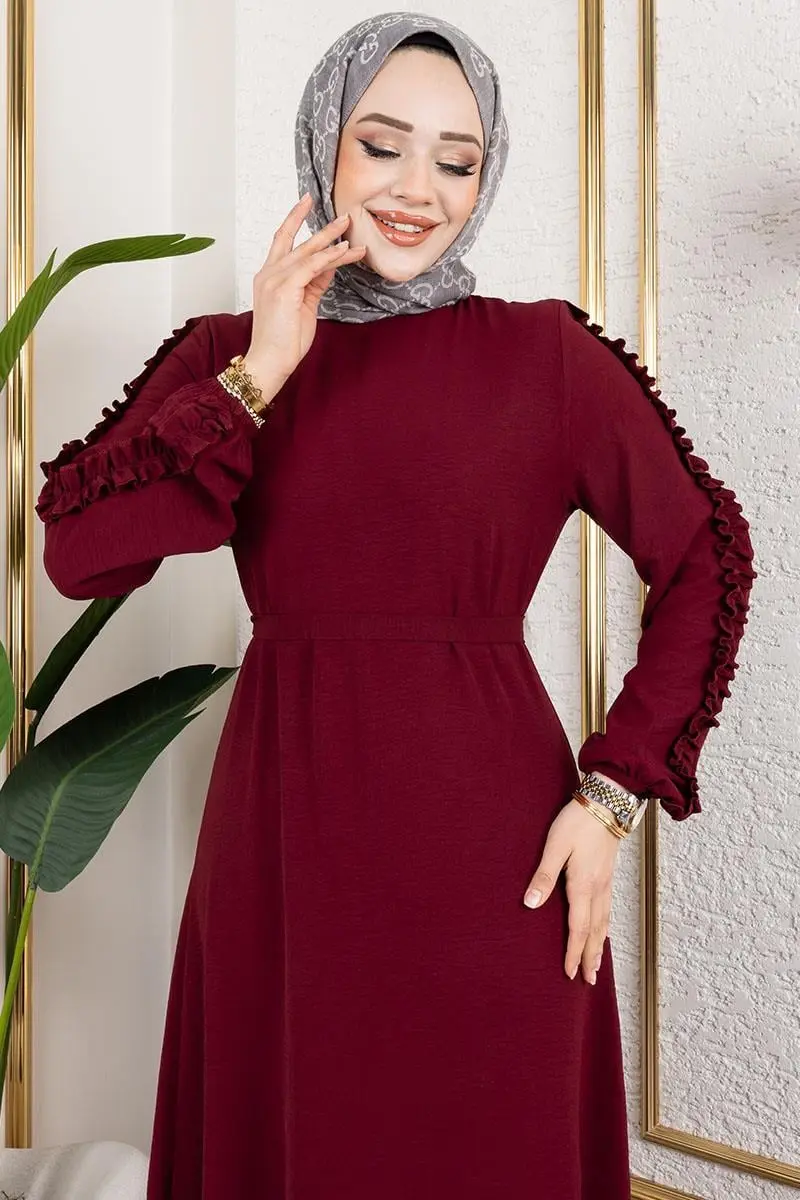 Kolları Fırfır Detaylı Elbise Bordo-detail
