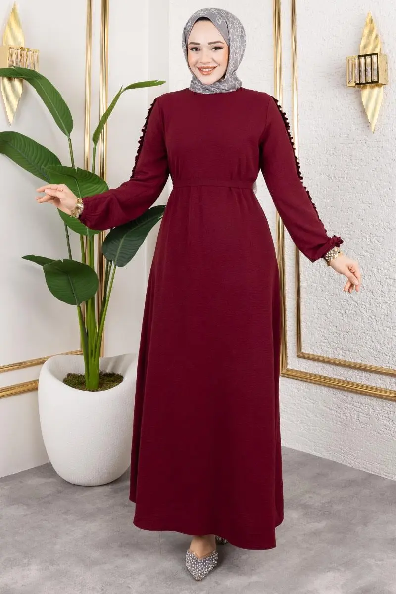 Kolları Fırfır Detaylı Elbise Bordo-detail