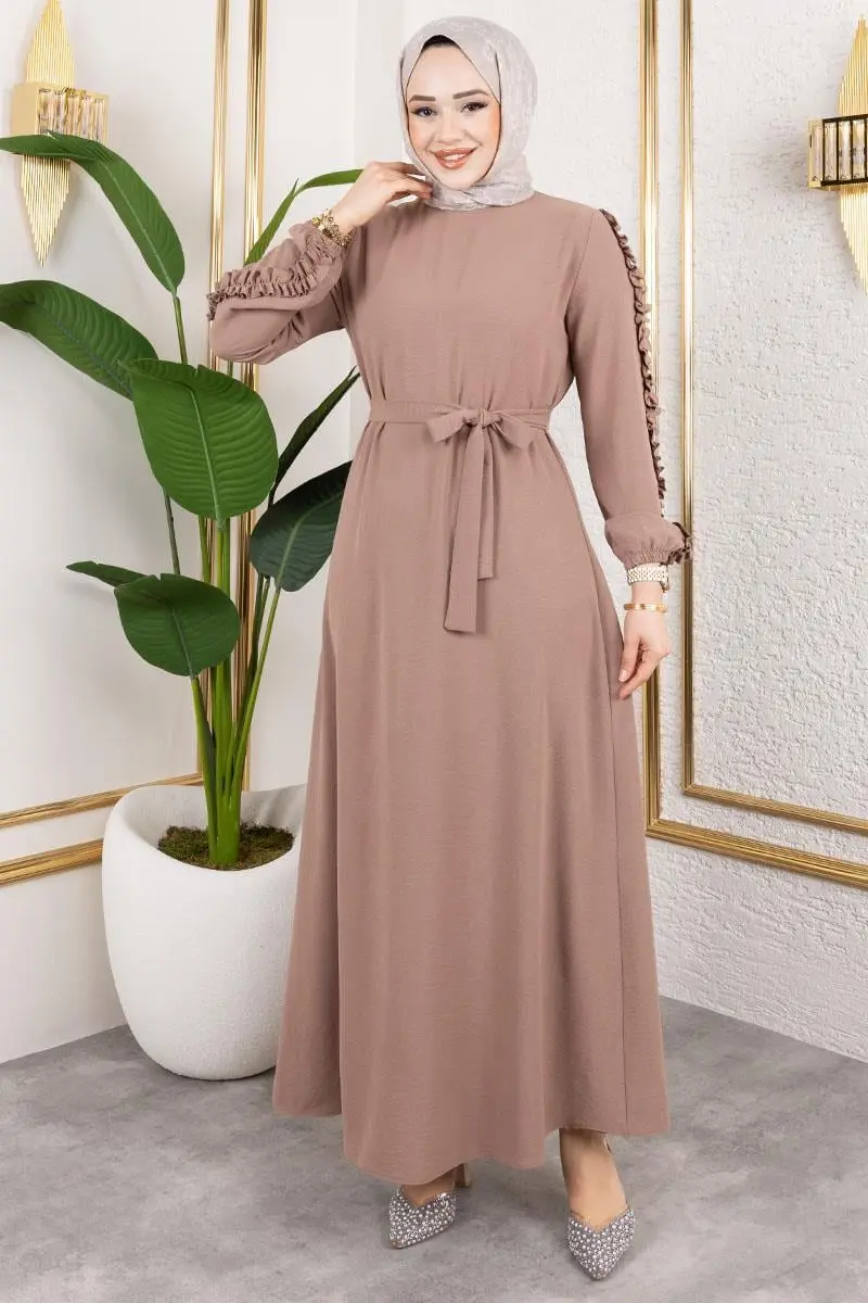 Kolları Fırfır Detaylı Elbise Koyu Vizon-detail