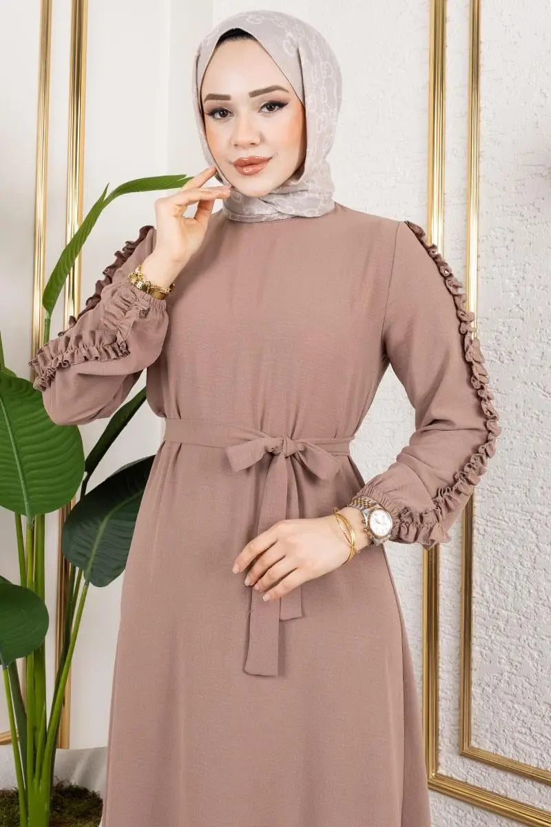 Kolları Fırfır Detaylı Elbise Koyu Vizon-detail