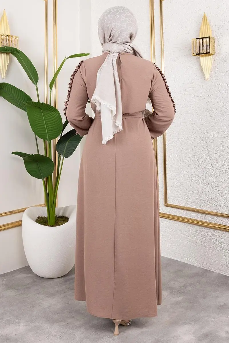 Kolları Fırfır Detaylı Elbise Koyu Vizon-detail