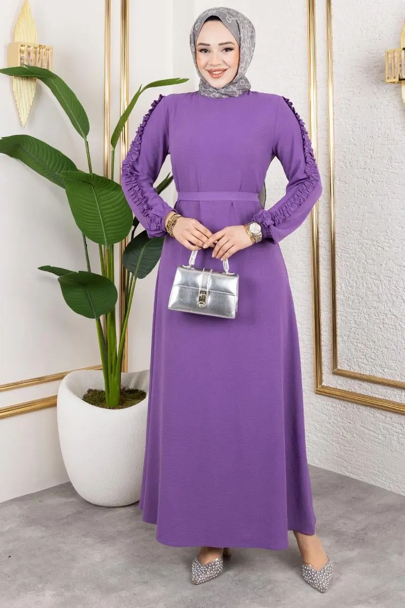 Kolları Fırfır Detaylı Elbise Lila-detail