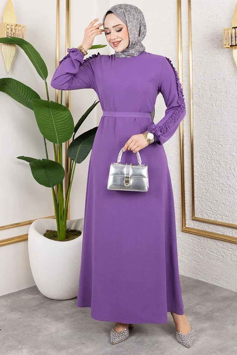 Kolları Fırfır Detaylı Elbise Lila-detail