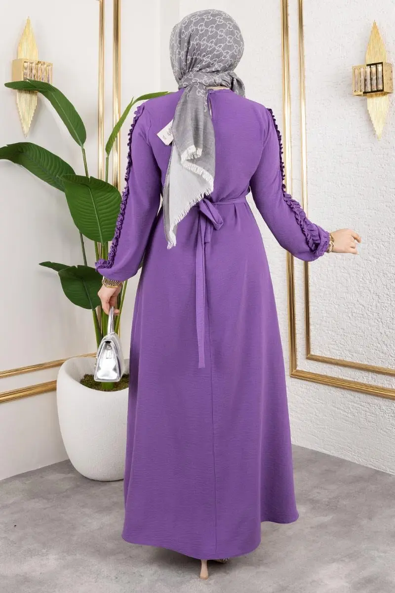 Kolları Fırfır Detaylı Elbise Lila-detail