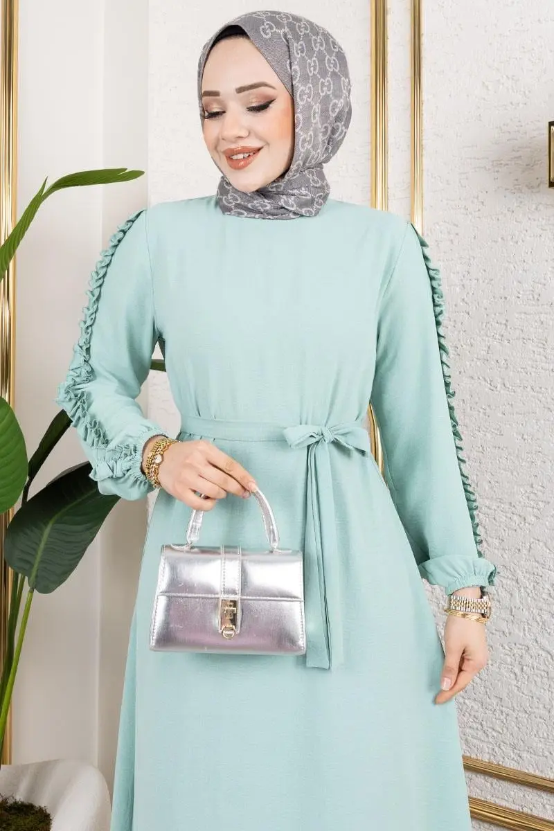 Kolları Fırfır Detaylı Elbise Mint-detail