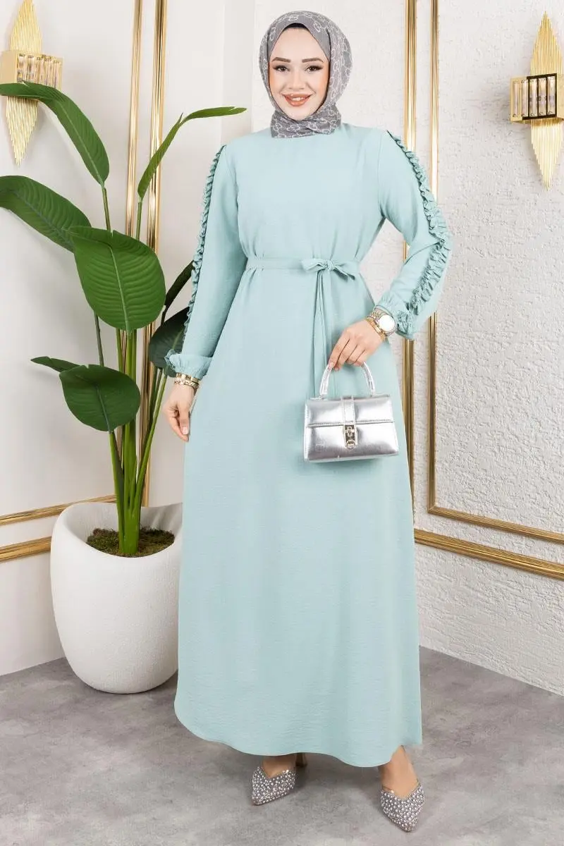 Kolları Fırfır Detaylı Elbise Mint-detail