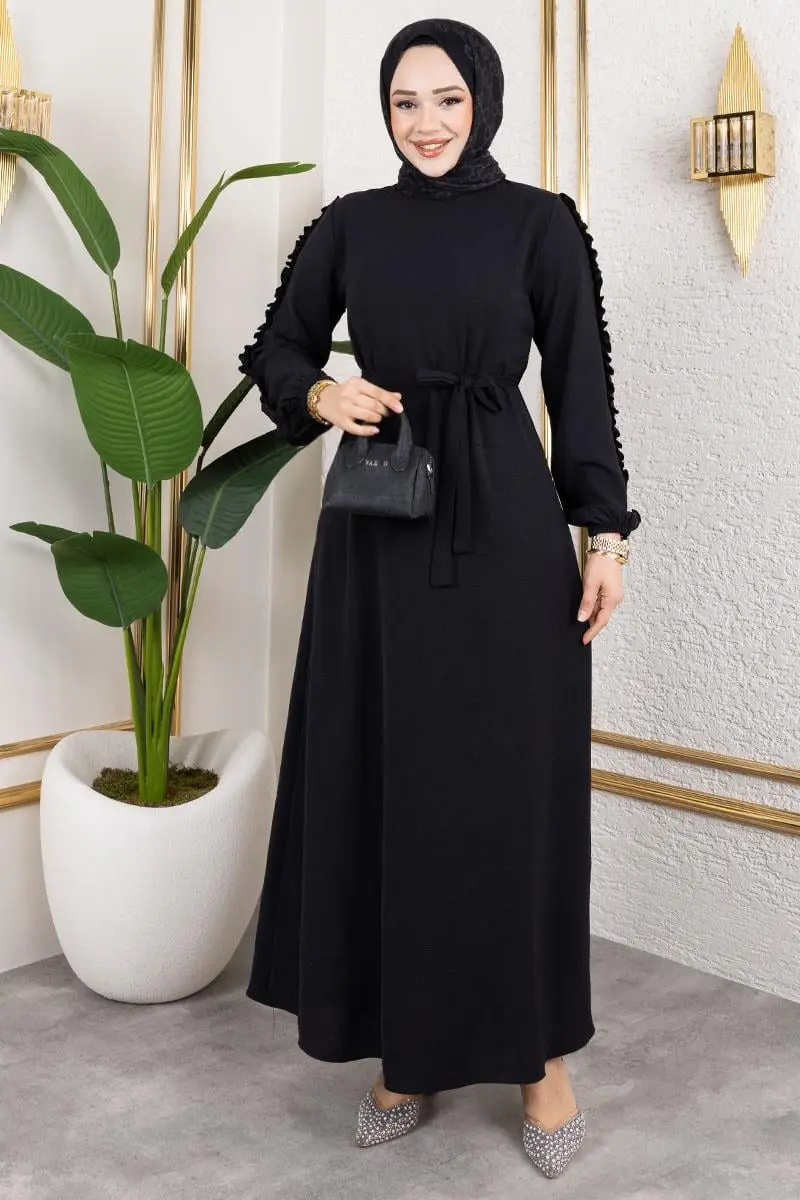 Kolları Fırfır Detaylı Elbise Siyah-detail