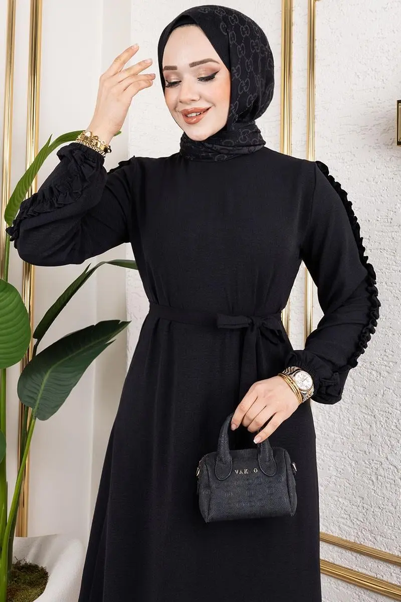 Kolları Fırfır Detaylı Elbise Siyah-detail