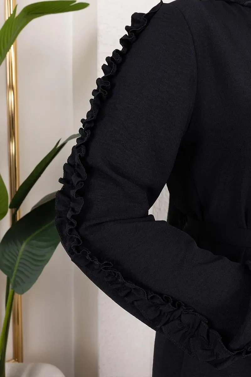 Kolları Fırfır Detaylı Elbise Siyah-detail