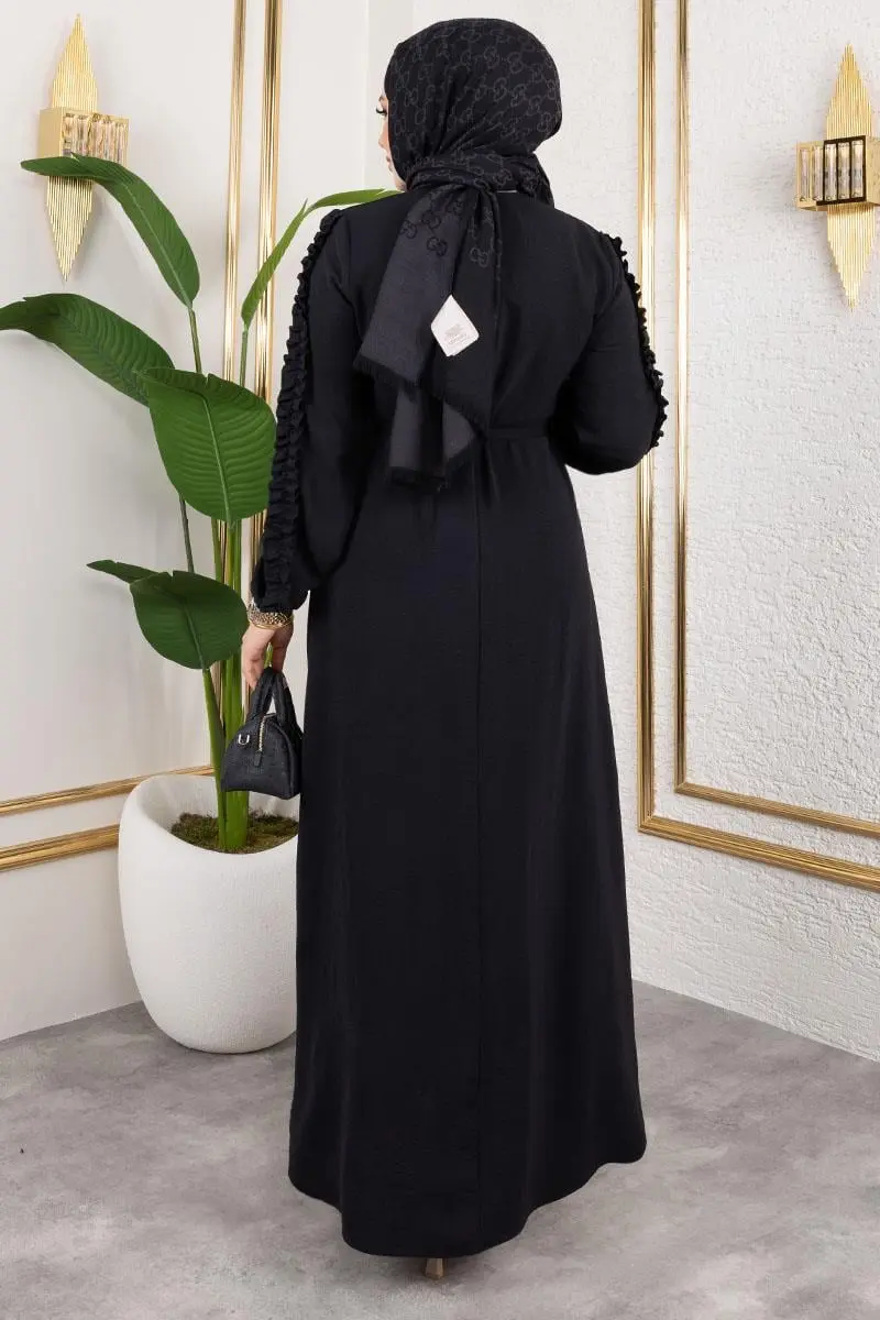 Kolları Fırfır Detaylı Elbise Siyah-detail