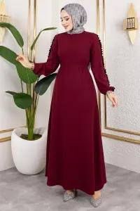 Kolları Fırfır Detaylı Elbise Bordo