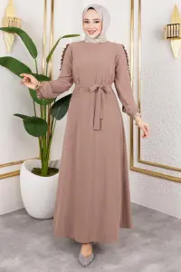 Kolları Fırfır Detaylı Elbise Koyu Vizon