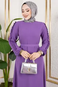 Kolları Fırfır Detaylı Elbise Lila