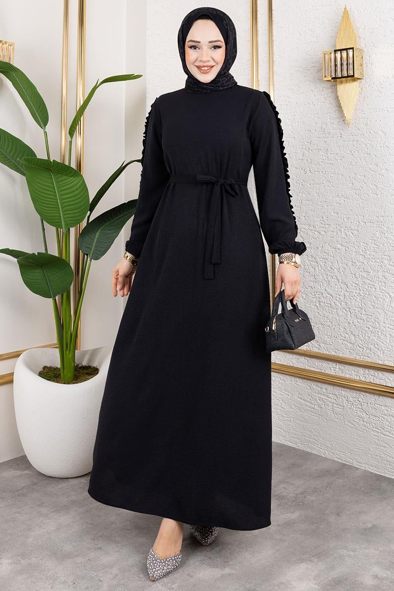 Kolları Fırfır Detaylı Elbise Siyah
