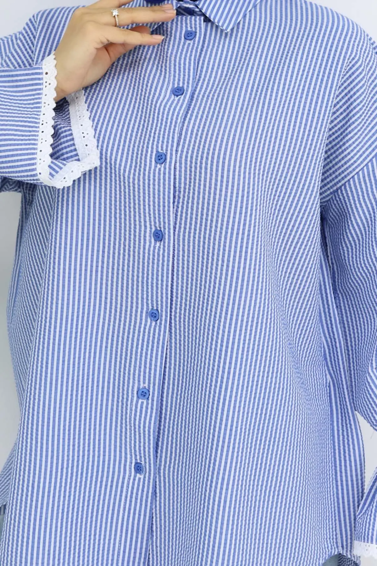 Kolları Fisto Detaylı Çizgili Gömlek 2226 Saks Mavisi-detail